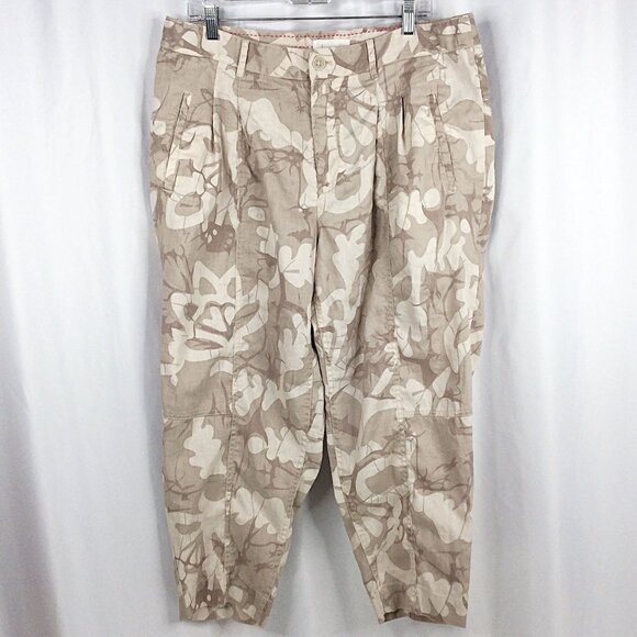 Anthropologie Frannie Print Tapered Pants Sz 16W Linen Blend Beige Floral Leaves - Picture 3 of 11